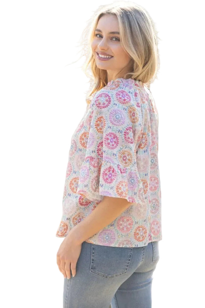 RAGLAN WIDE SLEEVE FLORAL EMBROIDERED TOP - PINK