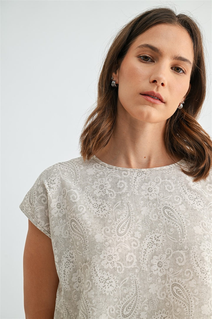 CAP SLEEVE PAISLEY BOXY TOP - OATMEAL