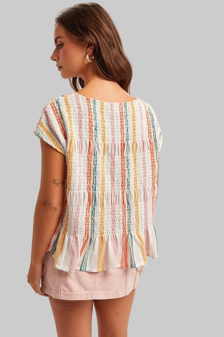 BOAT NECK TIERED SMOCKED CAPPED SLEEVE KNIT TOP - PASTEL MIX