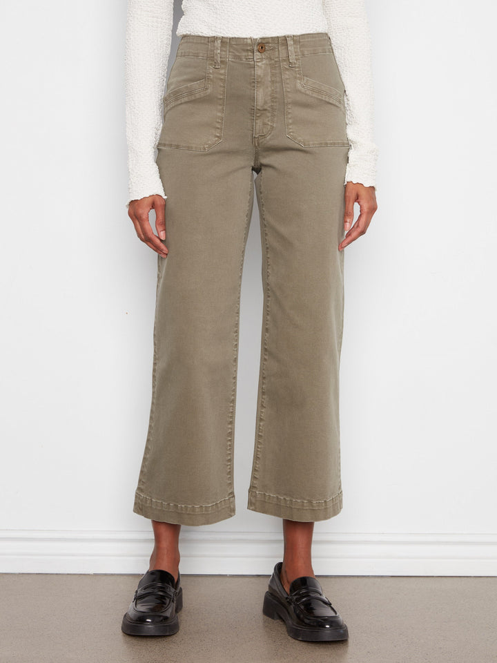 CROPPED WIDE LEG TWILL PANTS WITH PATCH POCKETS - VERVEINE