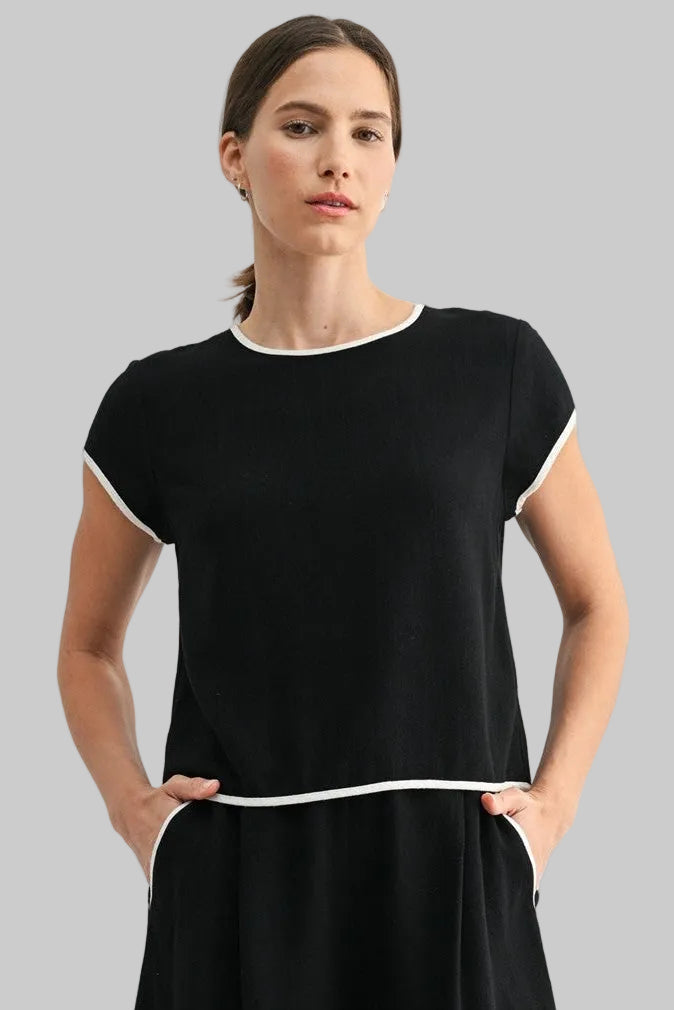 CAP SLEEVE TOP W/CONTRAST DETAIL - BLACK/WHITE