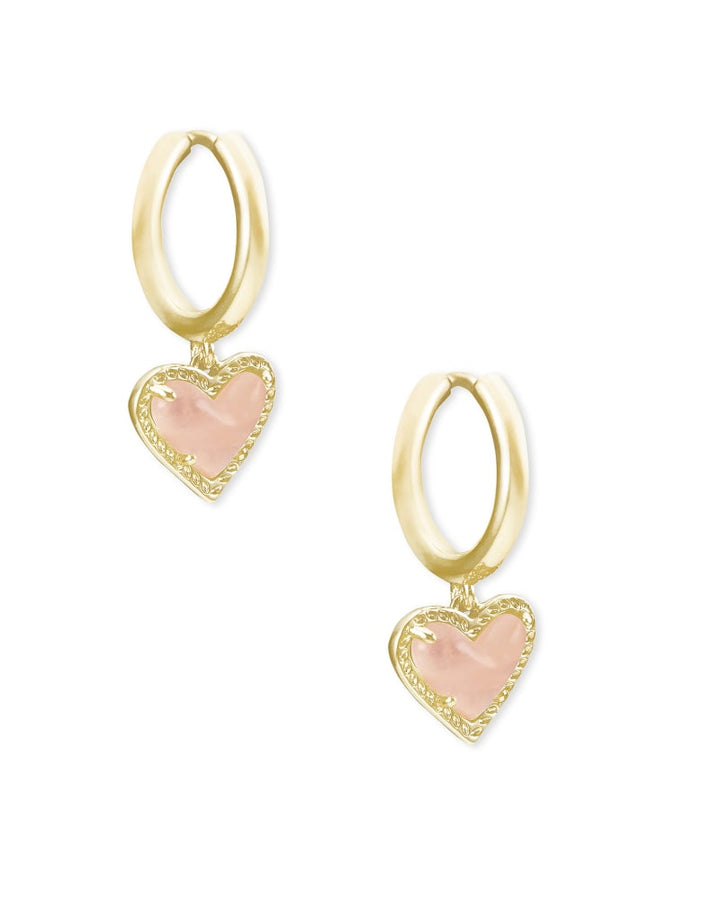 ARI HEART HUGGIE EARRINGS - GOLD ROSE QUARTZ