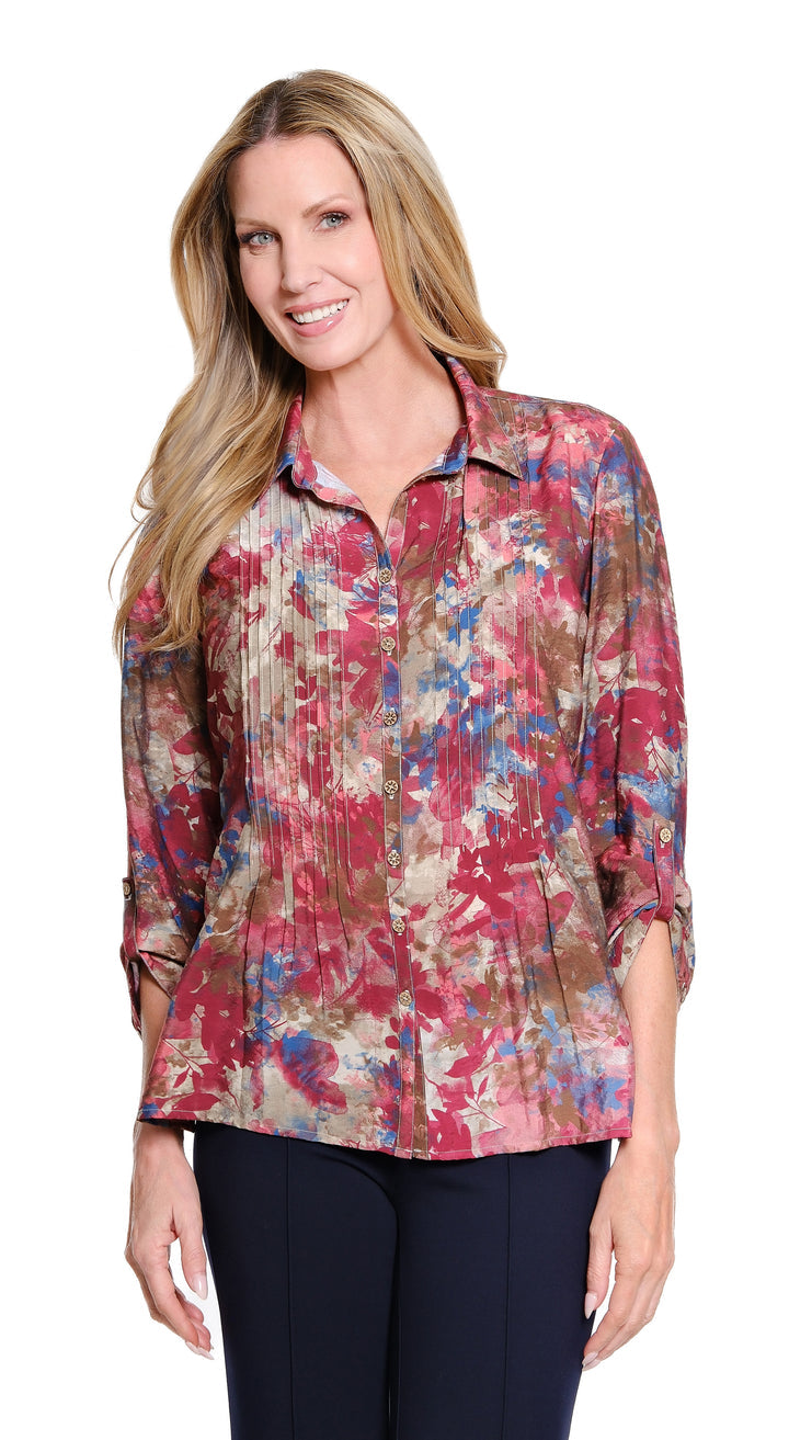 CUFFED 3/4 SLEEVE MULTI TUCK BUTTON FRONT SHIRT - FLORAL MAUVE/COCOA