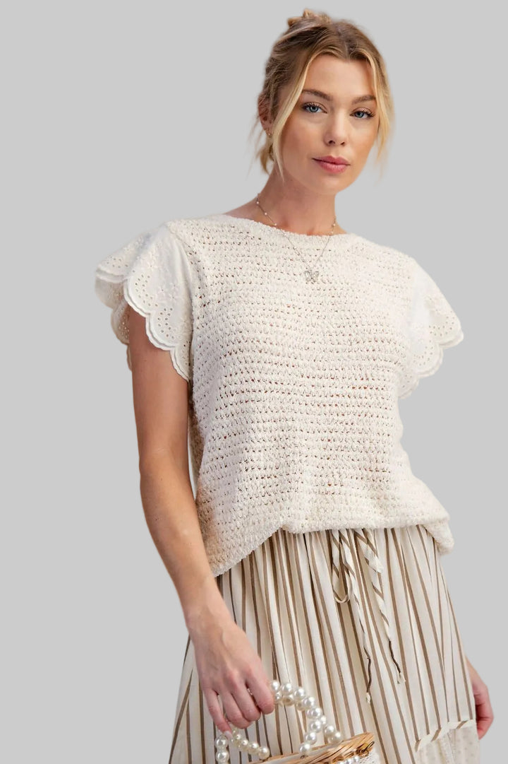 WING SHORT SLEEVE KNITTED SWEATER TOP - NATURAL