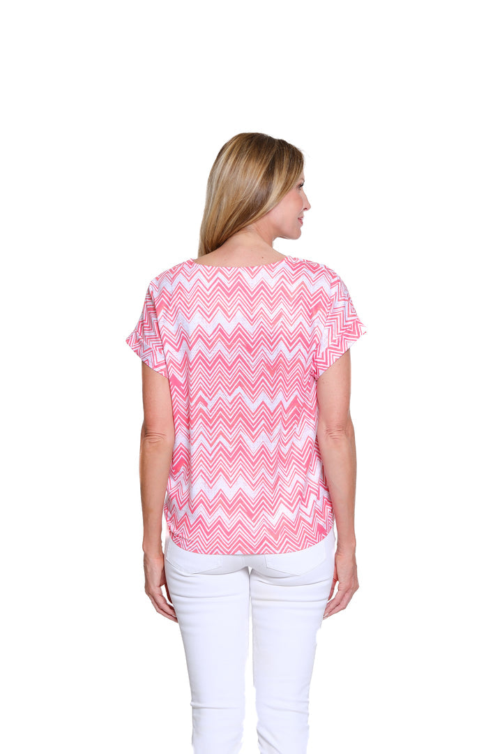 CUFFED SHORT SLEEVE TIE WAIST TOP - CHEVRON WHITE/CORAL PINK