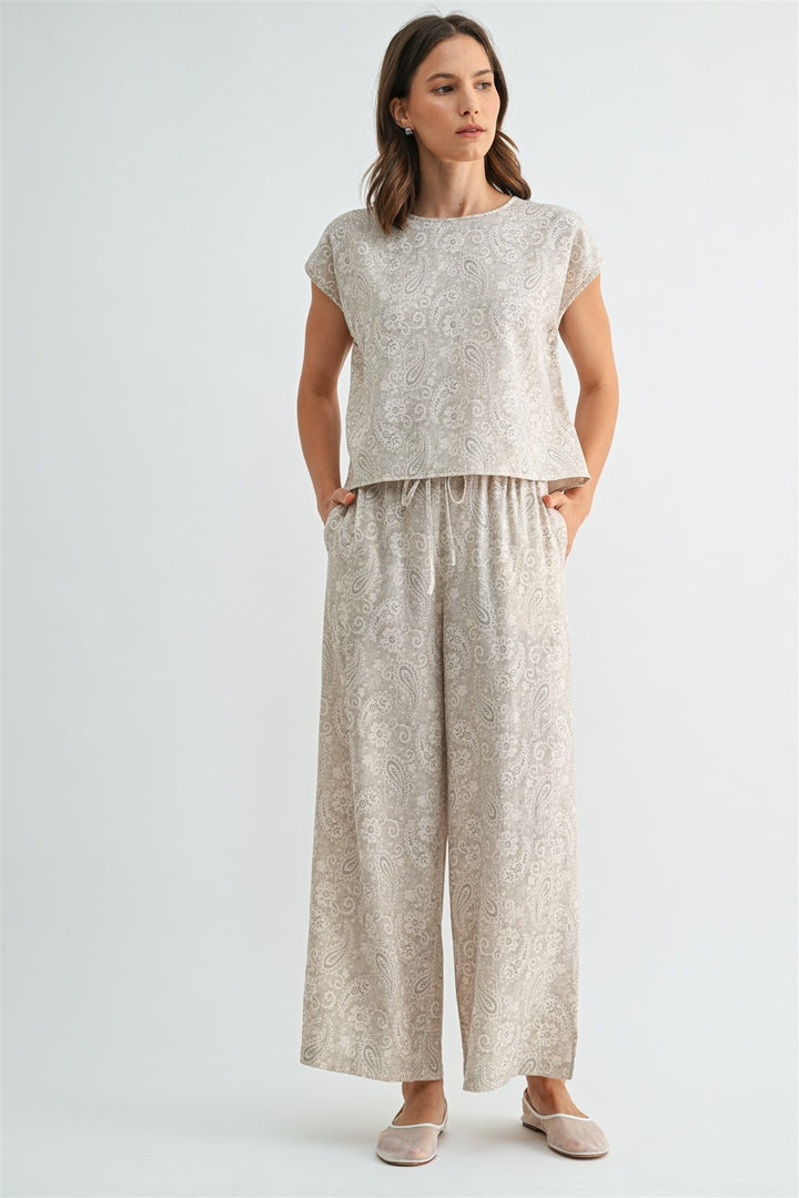 PAISLEY FLOWY WIDE LEG PANTS - OATMEAL