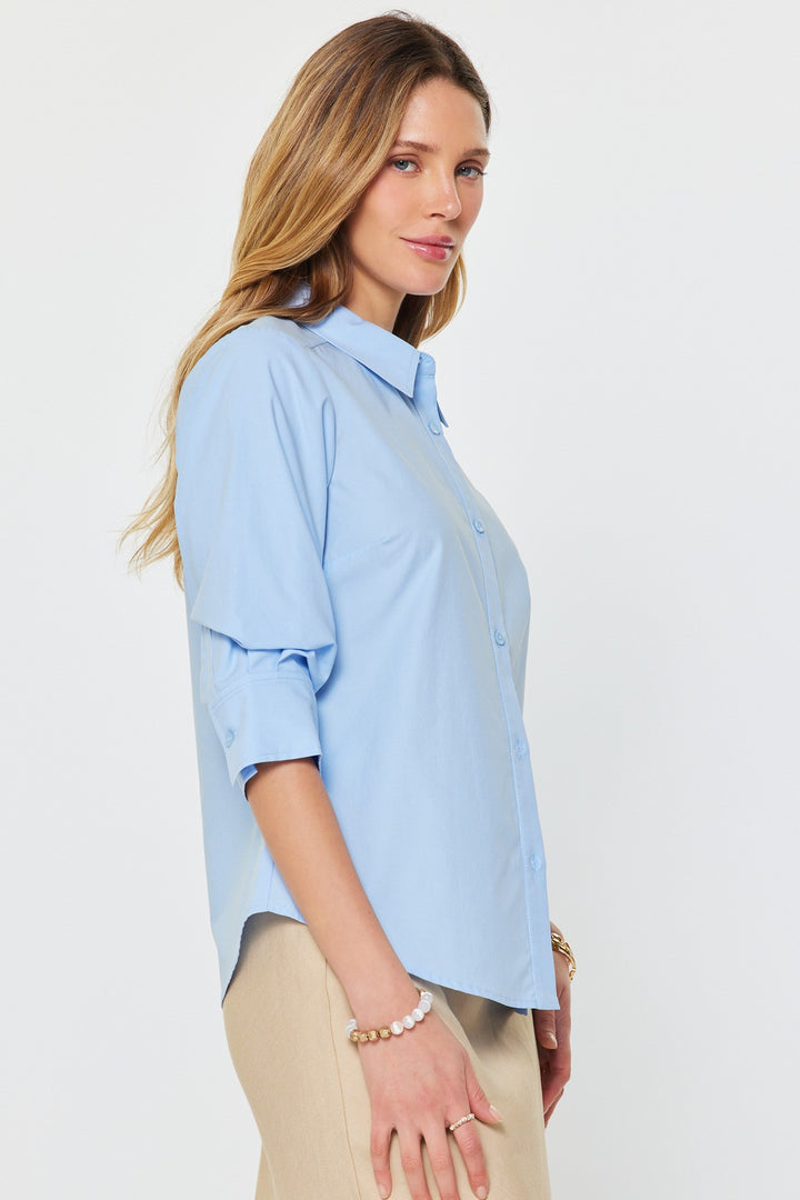 3/4 FIXED ROLLED SLEEVE BUTTON DOWN BLOUSE - PALE BLUE