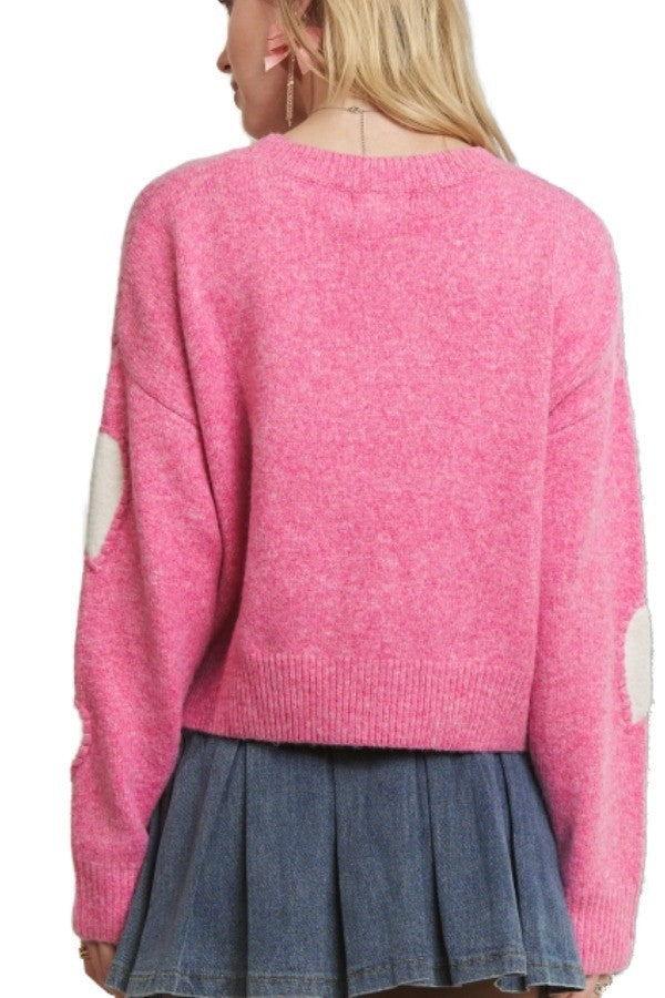 LONG SLEEVE HEART SWEATER - PINK/IVORY