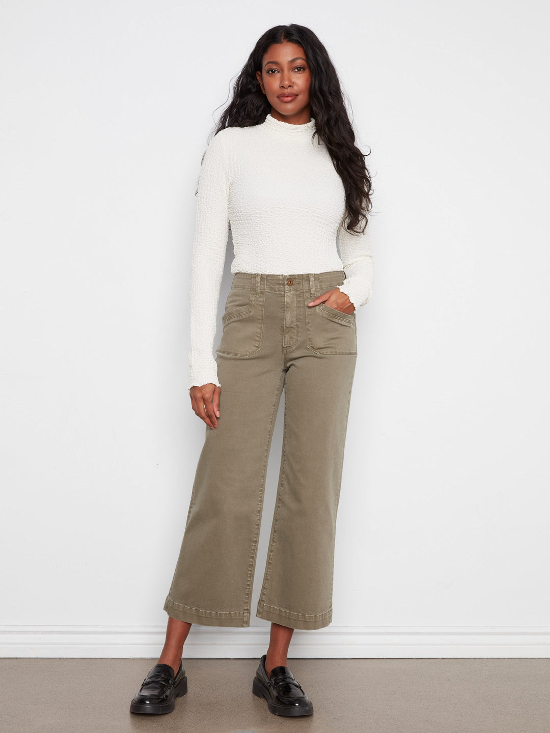 CROPPED WIDE LEG TWILL PANTS WITH PATCH POCKETS - VERVEINE