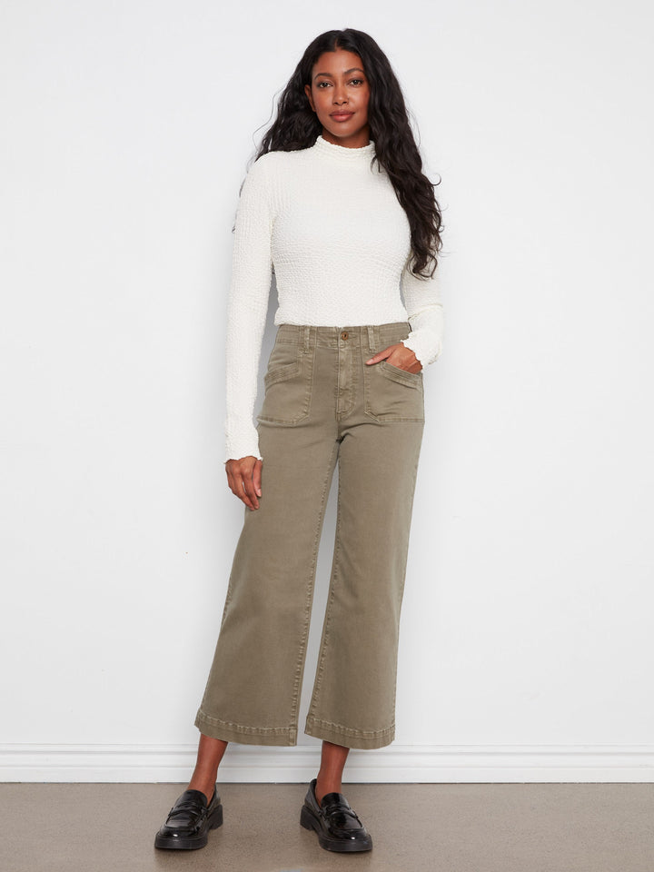 CROPPED WIDE LEG TWILL PANTS WITH PATCH POCKETS - VERVEINE