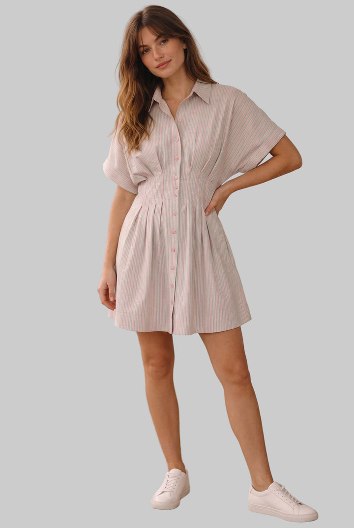 STRIPED SEERSUCKER PLEATED SHORT DRESS - MINT/PEACH