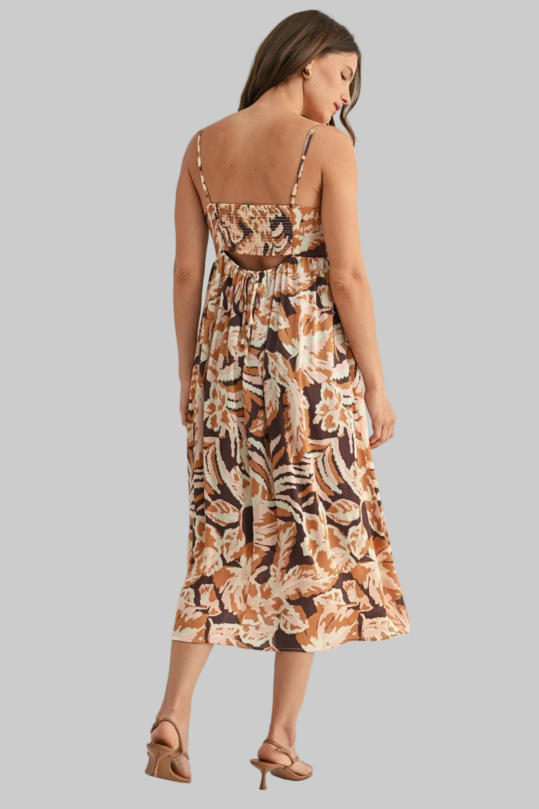 SPAGHETTI STRAP LEAF PRINT SMOCK BACK MIDI DRESS - BROWN COMBO