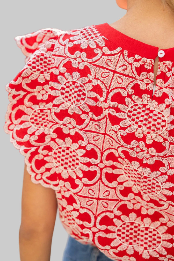 SCALLOP RUFFLE FLORAL EMBROIDERED TOP - RED