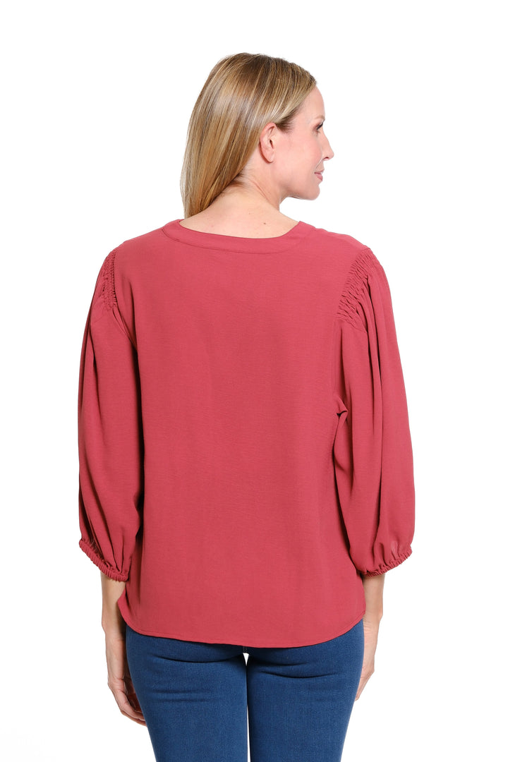 PUFF SLEEVE BANDED V-NECK WOVEN TOP - BRICK