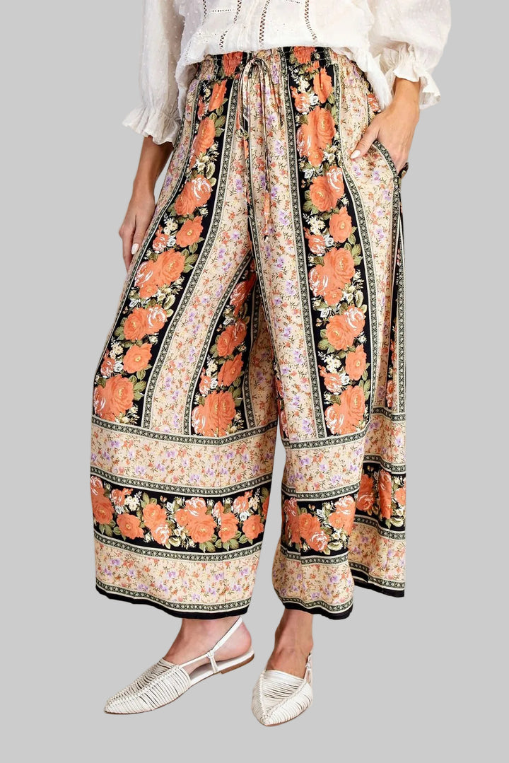 BORDER PRINT FLOWY WIDE LEG PANTS - BLACK