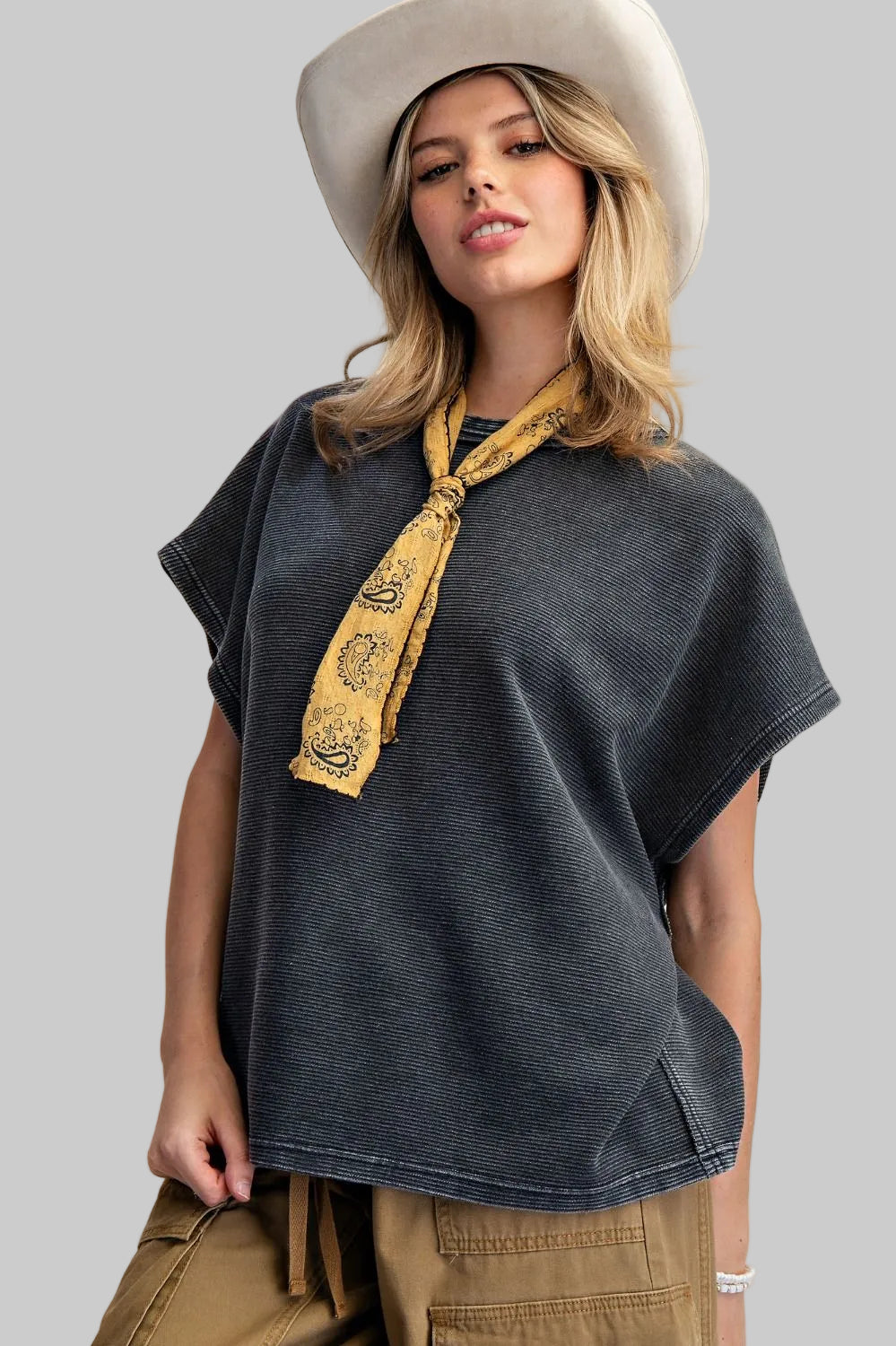 WIDE CAP SLEEVE TEXTURED OVERSIZED TOP - BLACK
