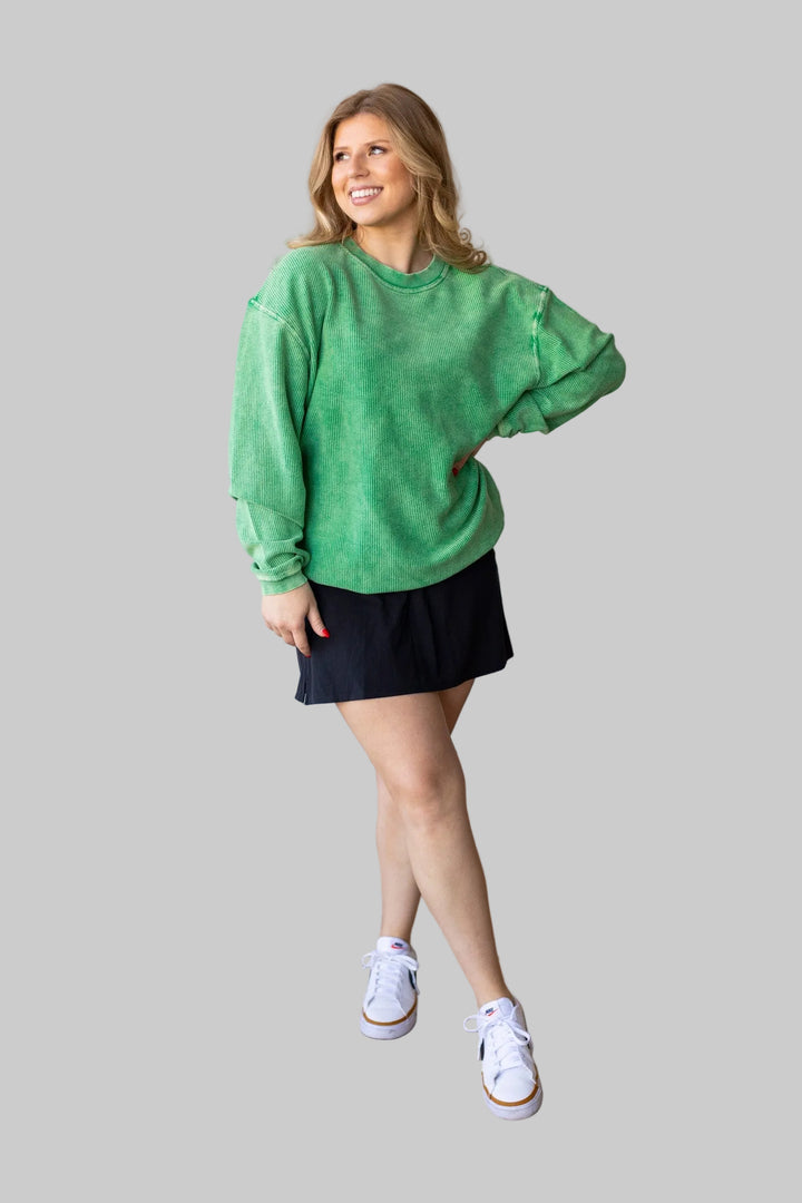 CORDED CREW NECK BANDED SWEATSHIRT - KELLY GREEN