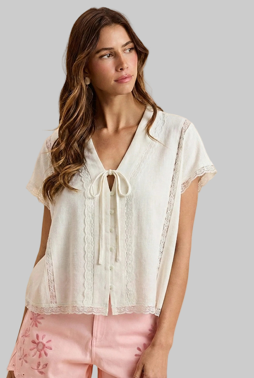SHORT SLEEVE LINEN TIE FRONT OVERSIZED TOP - IVORY