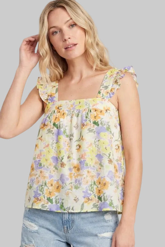 RUFFLE SLEEVE SQUARE NECK FLORAL TOP - YELLOW