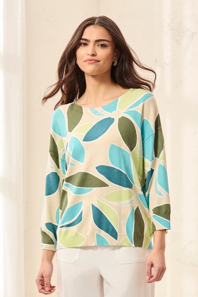 SOFT YARN 3/4 SLEEVE CREW NECK SWEATER - AQUA SKY