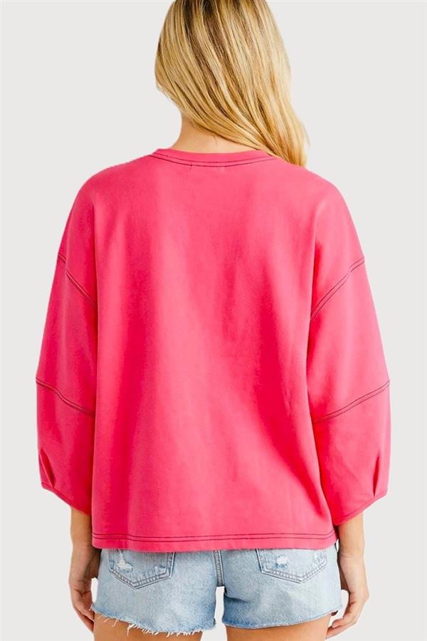 3/4 SLEEVE CREW NECK TOP - FUCHSIA