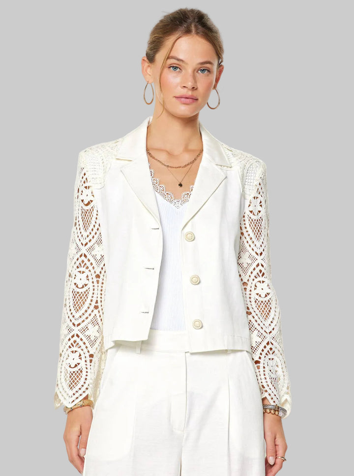 CROCHET LACE LONG SLEEVE CROPPED JACKET - IVORY