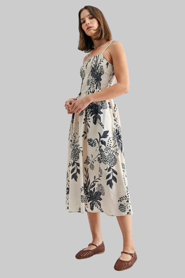 SPAGHETTI STRAP SMOCK BODICE FLORAL MIDI DRESS - IVORY/NAVY