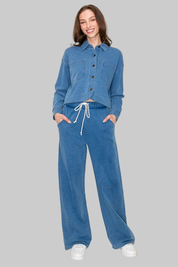 TERRY BOTTOMS W/POCKETS &amp; DRAWSTRING - DENIM