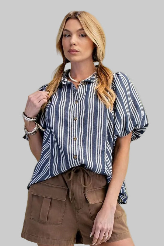 BUBBLE SLEEVE STRIPED MINERAL WASHED DENIM SHIRT - WHITE NAVY
