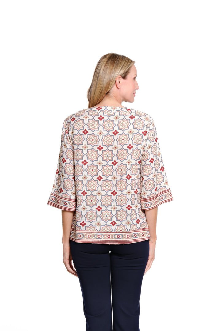 3/4 FLARE SLEEVE NOTCH NECK EMBROIDERED TOP - GEO CREAM/BURGUNDY/TAN