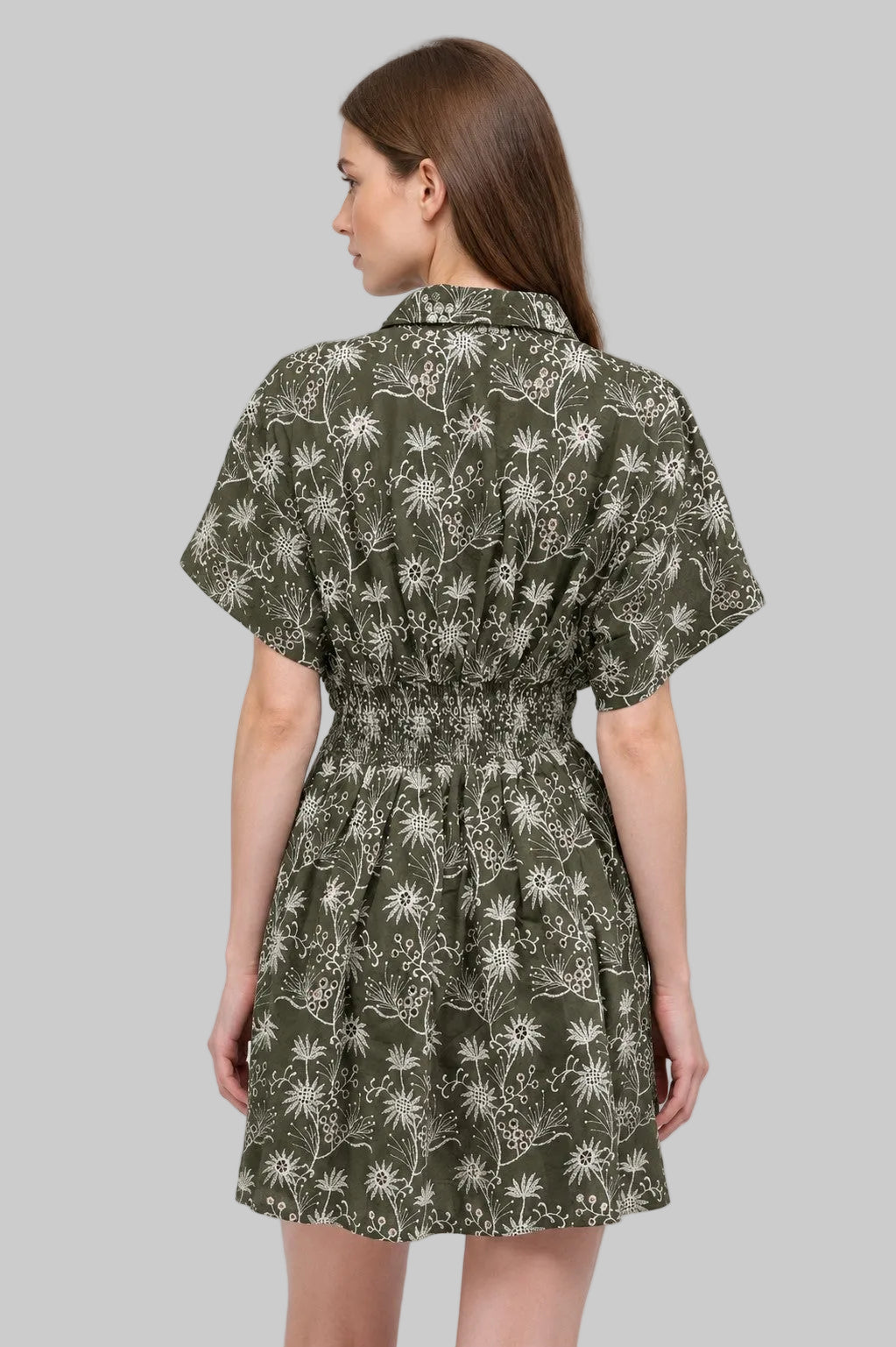 SHORT SLEEVE FLORAL EMBROIDERED CINCHED WAIST SHORT DRESS - OLIVE