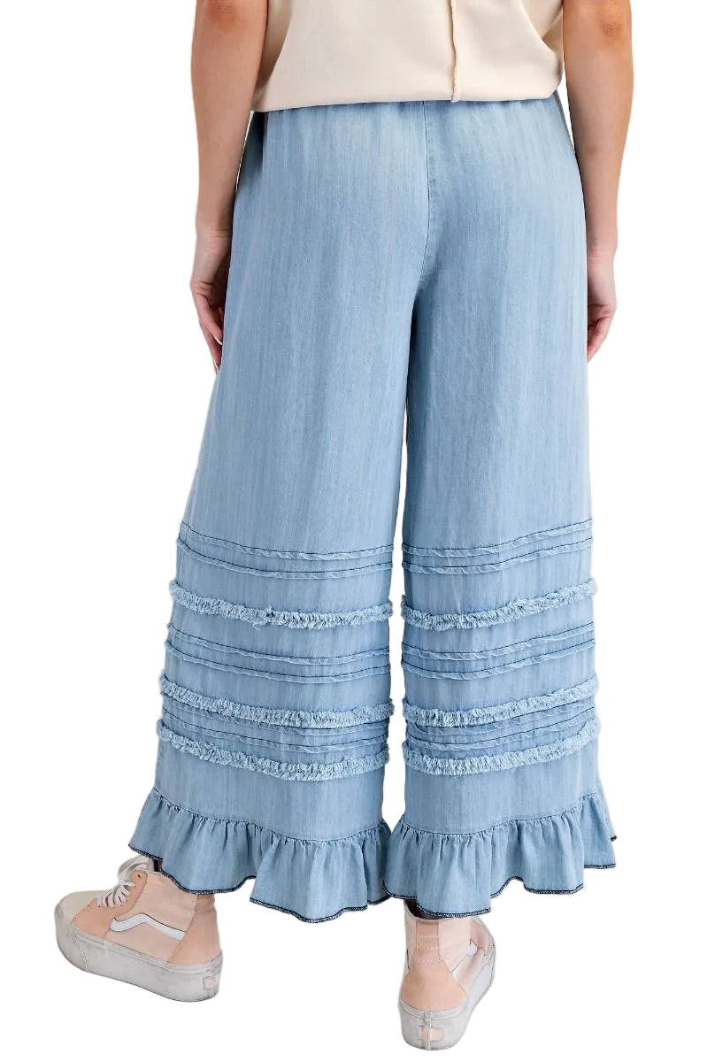 FRAYED WASHED RUFFLE HEM CHAMBRAY PANTS - LIGHT DENIM