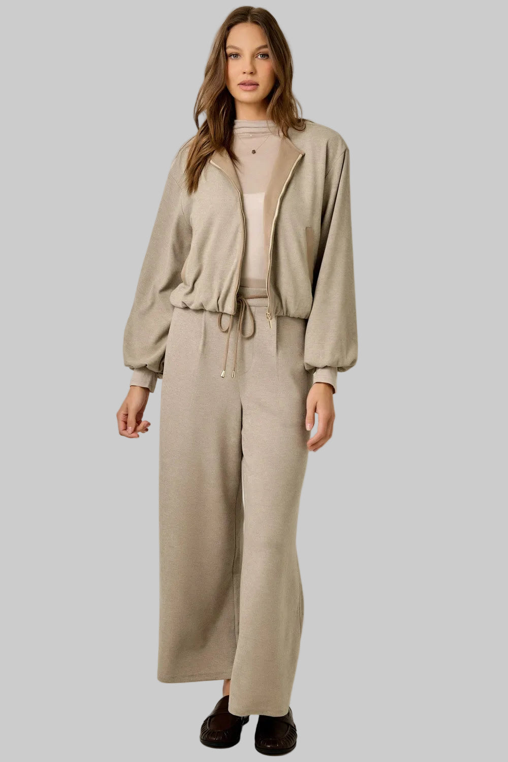 SUEDE ACCENT MELANGE WIDE LEG PANTS - STONE