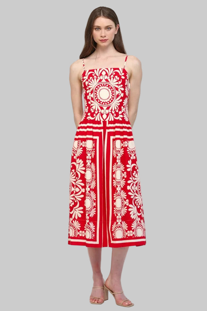 SLEEVELESS FITTED BODICE MIDI DRESS - RED/IVORY