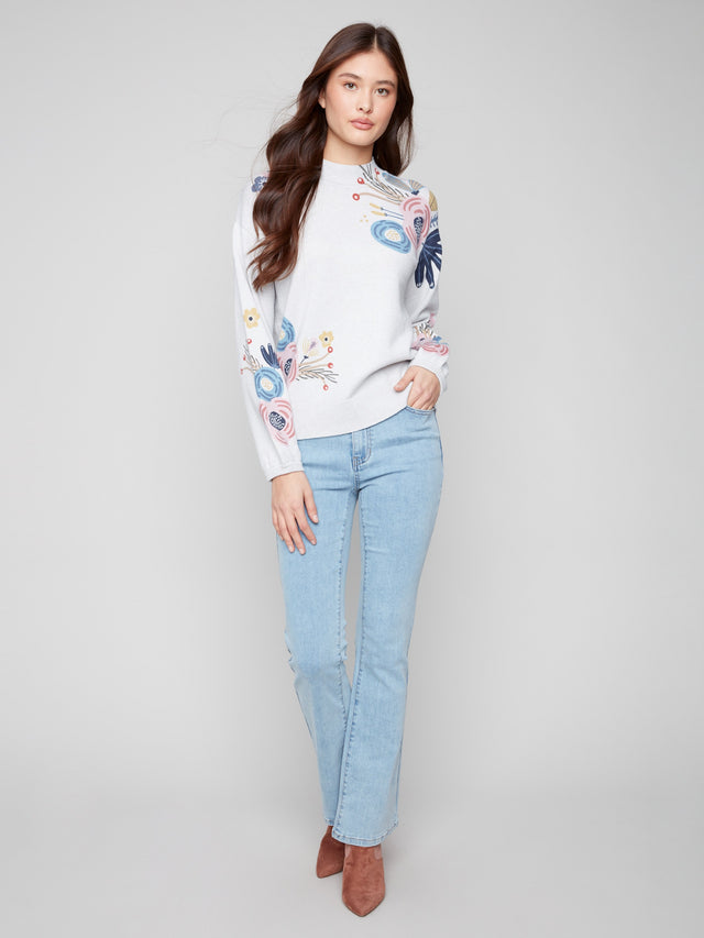 MOCK NECK SWEATER WITH FLORAL PRINT - HEATHER GREY