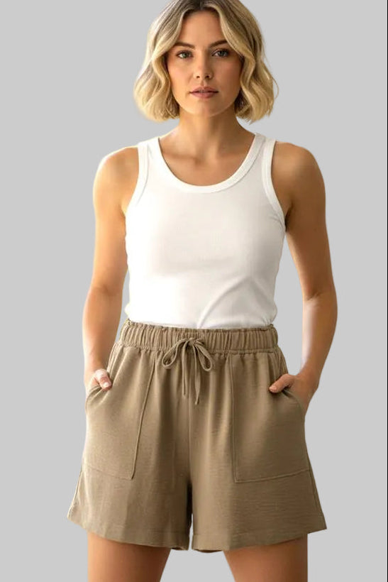 ELASTIC WAIST PAPER BAG SHORTS - TAUPE