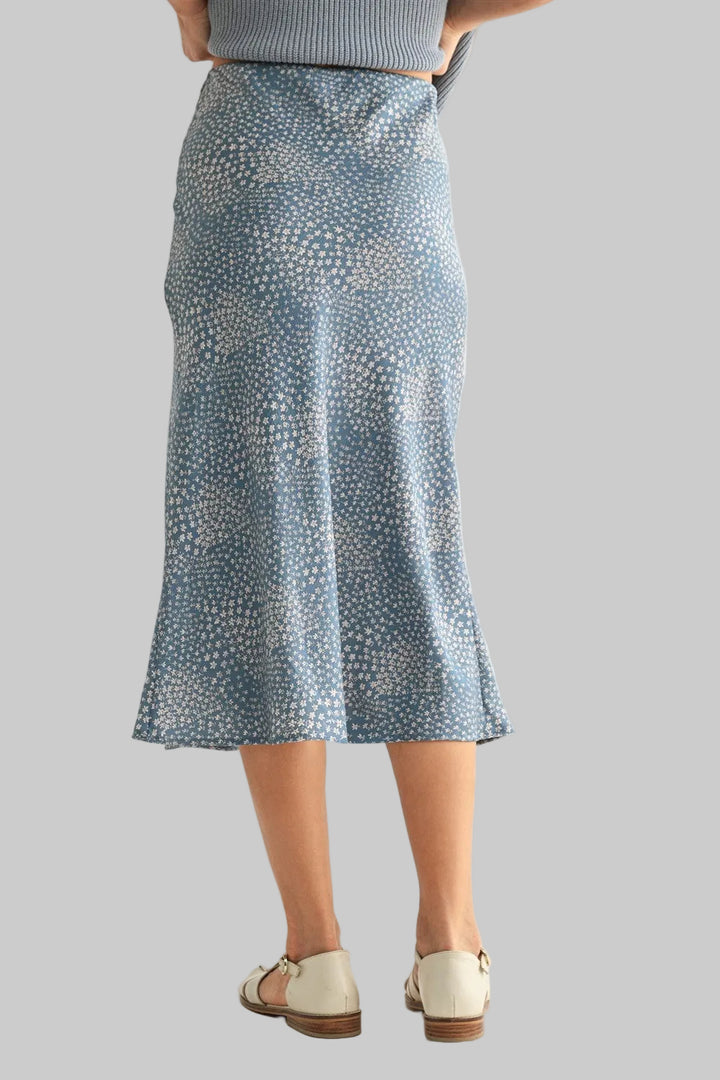 FLORAL SATIN MIDI SKIRT - BLUE