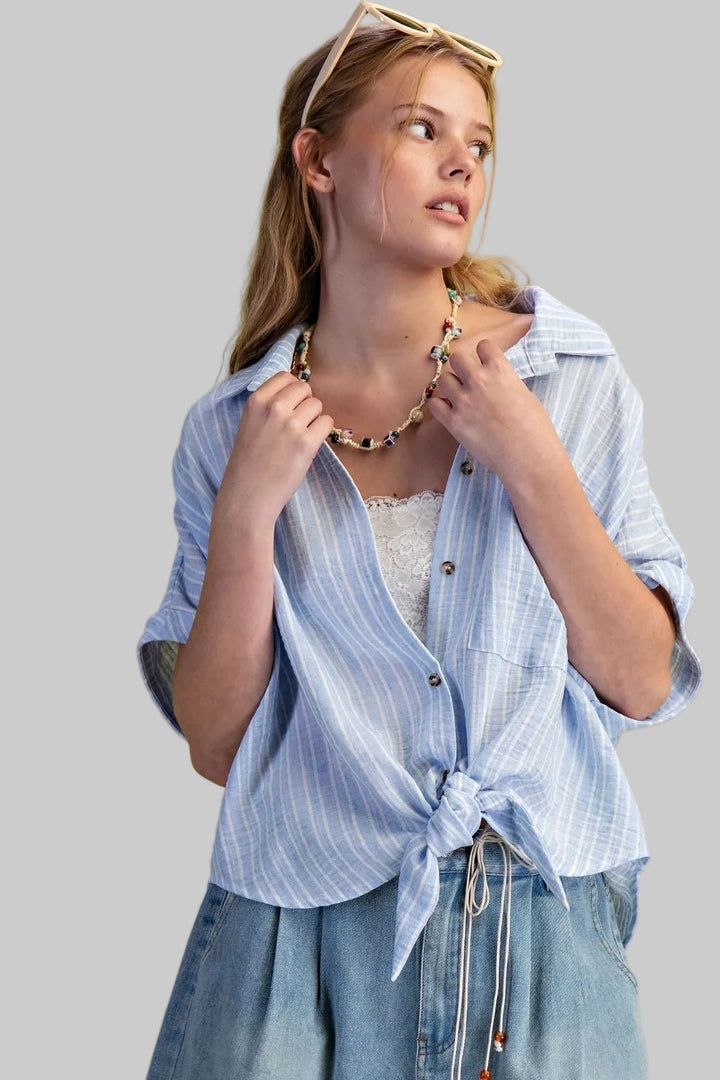 STRIPED LINEN BUTTON DOWN TIE FRONT CROP SHIRT - BLUE