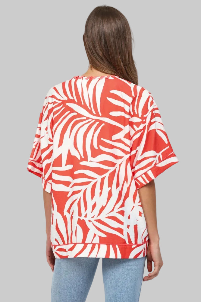 TROPICAL PRINT KIMONO W/BRAIDED EDGE - WHITE/CORAL