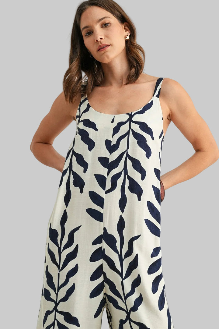 SLEEVELESS LEAF PRINT JUMPSUIT - IVORY/NAVY