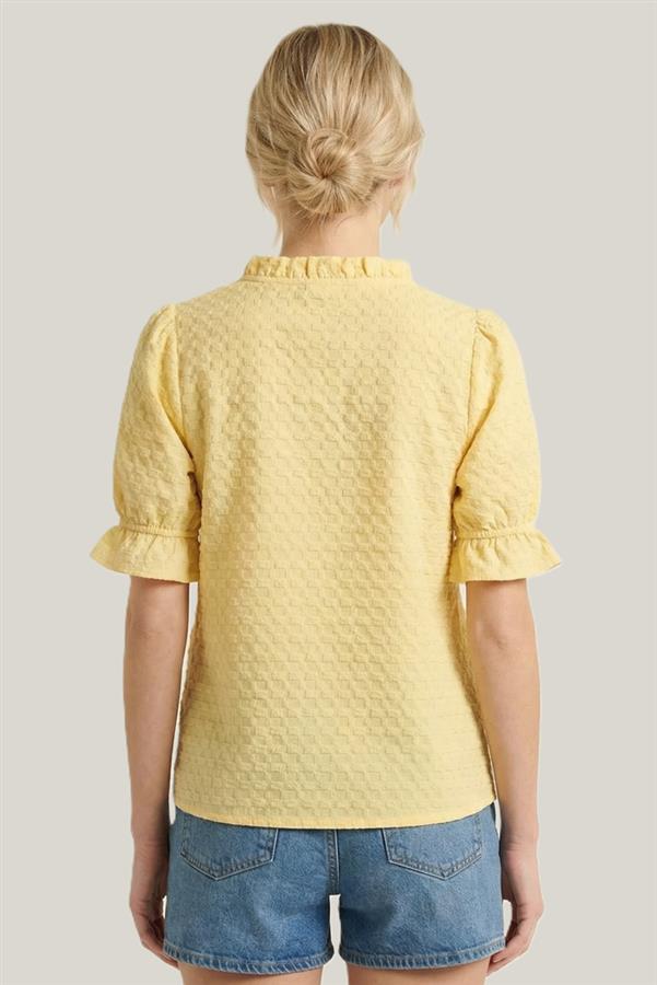 RUFFLED V-NECK ELBOW SLEEVE TOP - YELLOW