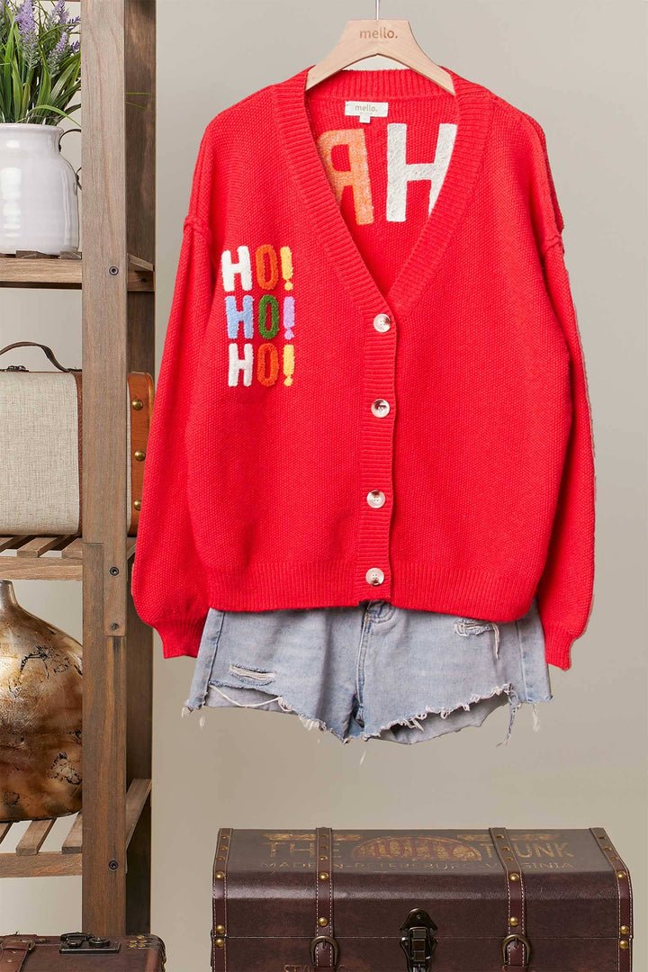 CHRISTMAS LETTERING PATCHWORK V-NECK CARDIGAN - RED