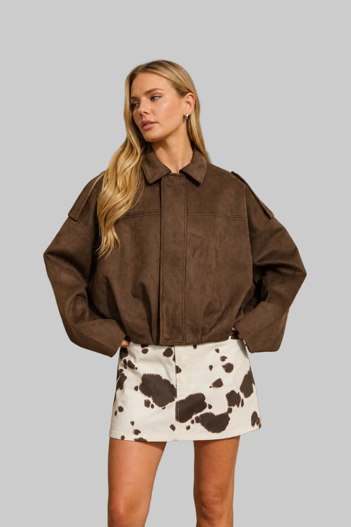 OVERSIZED SUEDE COLLARED CROPPED JACKET - DARK BROWN