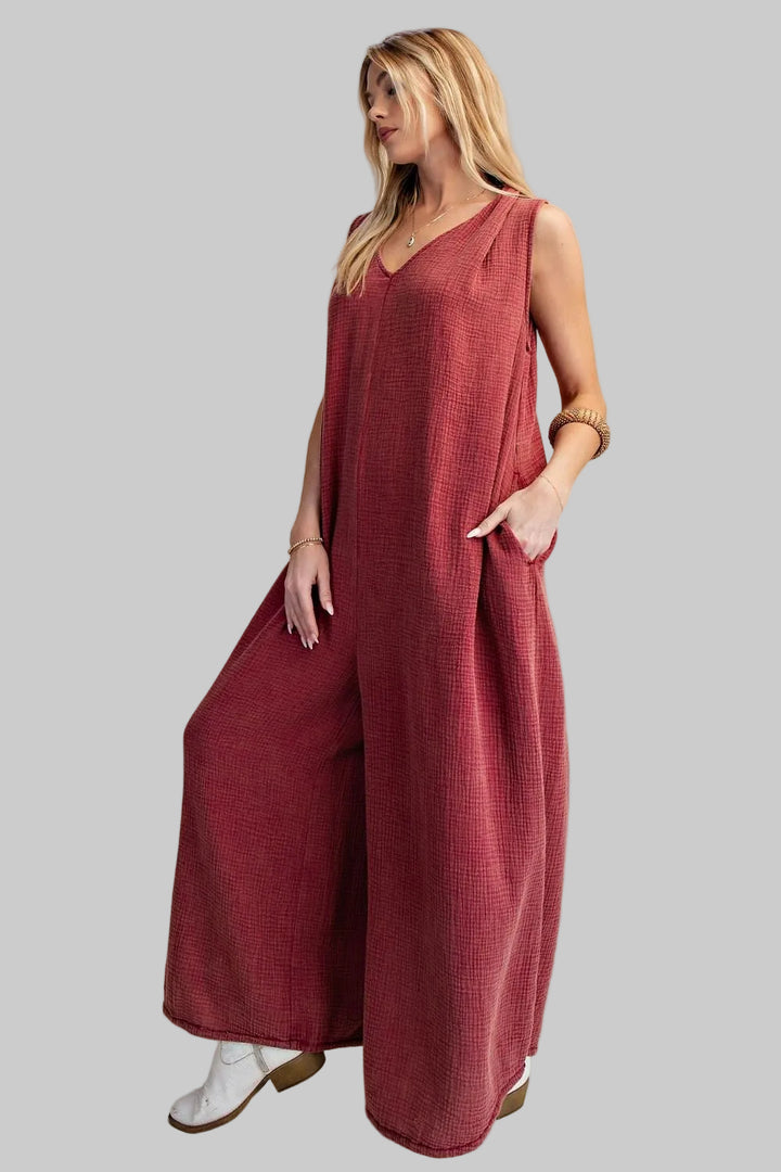 MINERAL WASHED COTTON GAUZE JUMPSUIT - MULBERRY