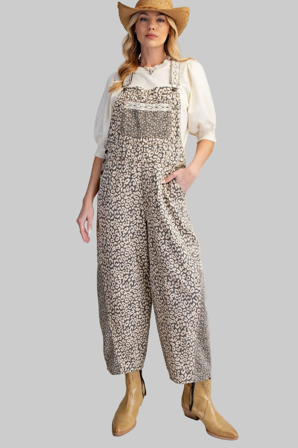 LEOPARD PRINT WASHED TWILL CROPPED OVERALLS - GREY