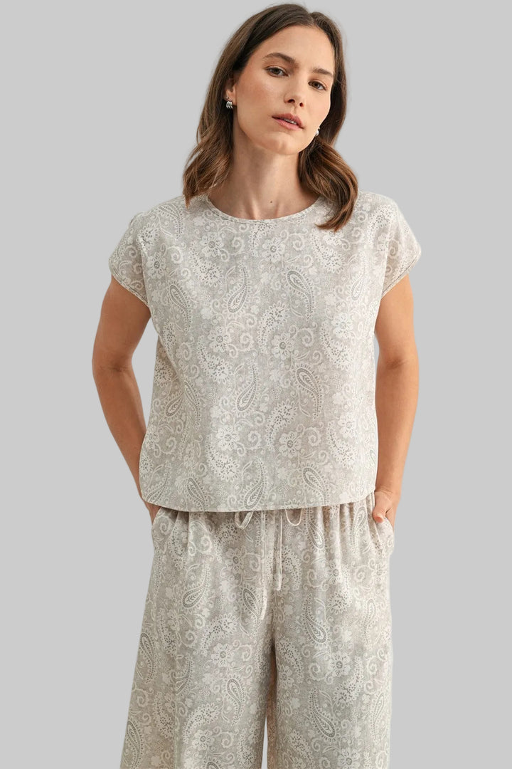 CAP SLEEVE PAISLEY BOXY TOP - OATMEAL