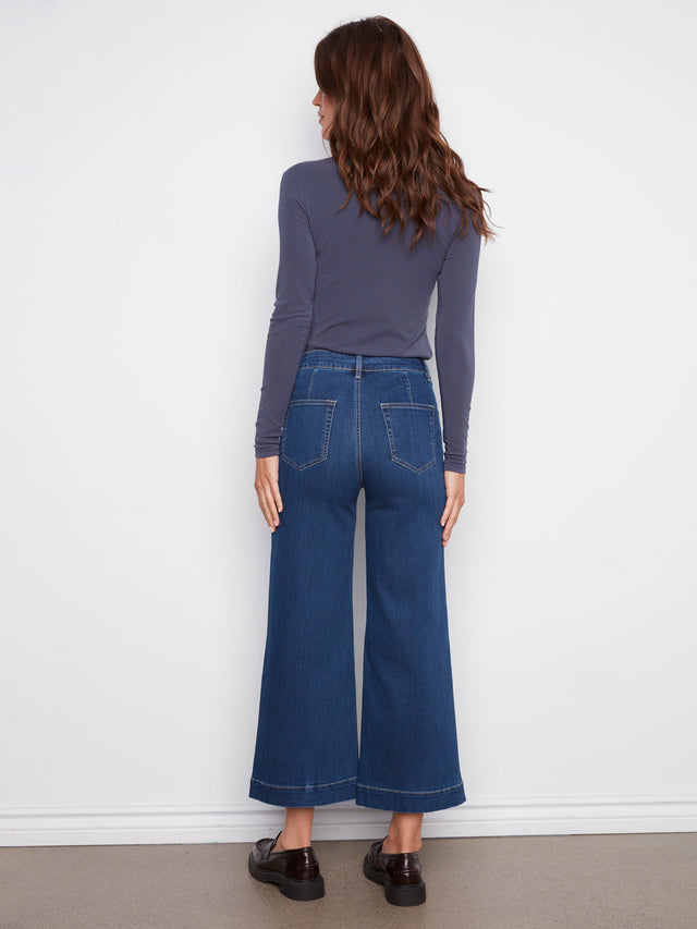 CROPPED PATCH POCKET FLARE STRETCH DENIM PANTS - INDIGO