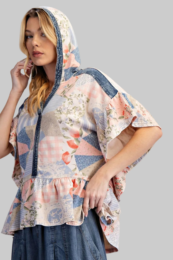 PATCHWORK MIX FLORAL/GEO PRINT PEPLUM TOP - BLUSH