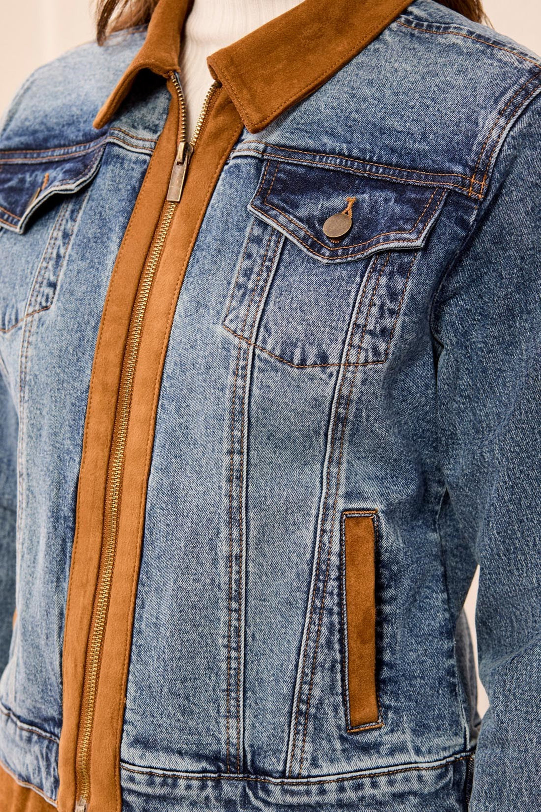 LONG SLEEVE ZIP FRONT DENIM JACKET WITH SUEDE - MOONLIGHT