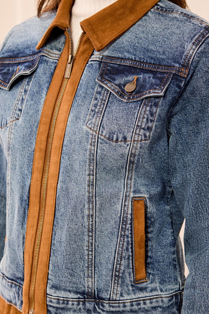 LONG SLEEVE ZIP FRONT DENIM JACKET WITH SUEDE - MOONLIGHT